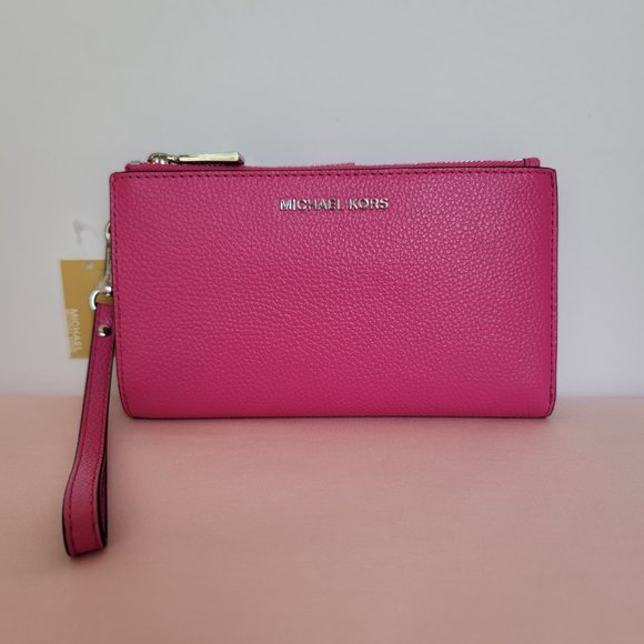 MICHAEL KORS Jet Set Double Zip Pebbled Leather Wristlet- Cerise 🎈$114.⭐ - Picture 6 of 16